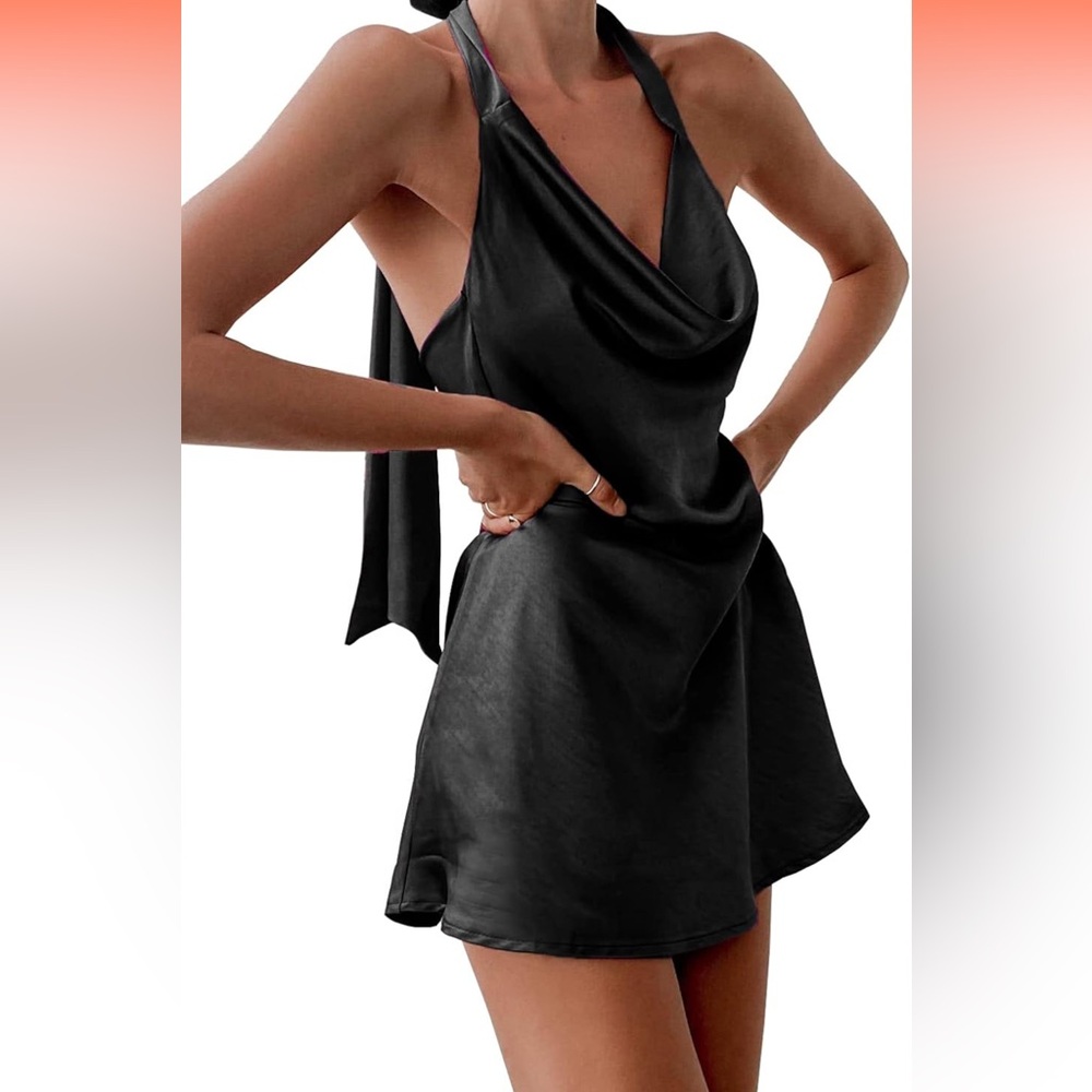 Cantonwalker Women's Cowl Neck Halterneck Slip On Backless Satin Mini Dress